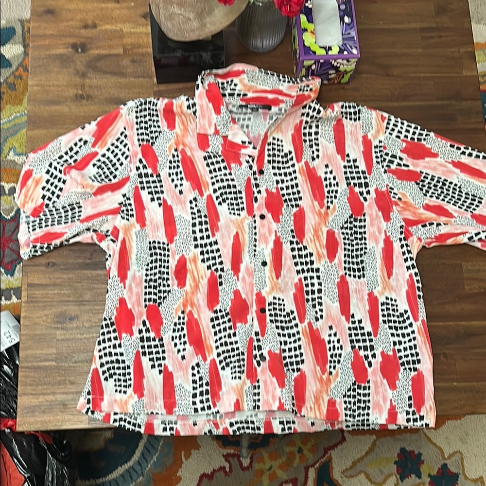 Fashion Nova Red and Black Casual Button Down Shirt